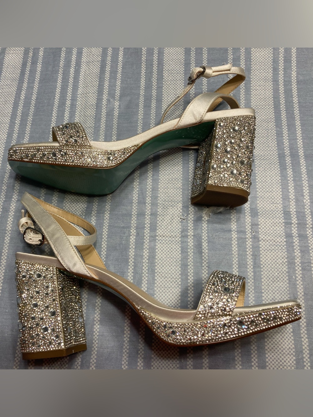 Betsey Johnson “Darbi” silver satin heels with rhinestone details. - Picture 4 of 5